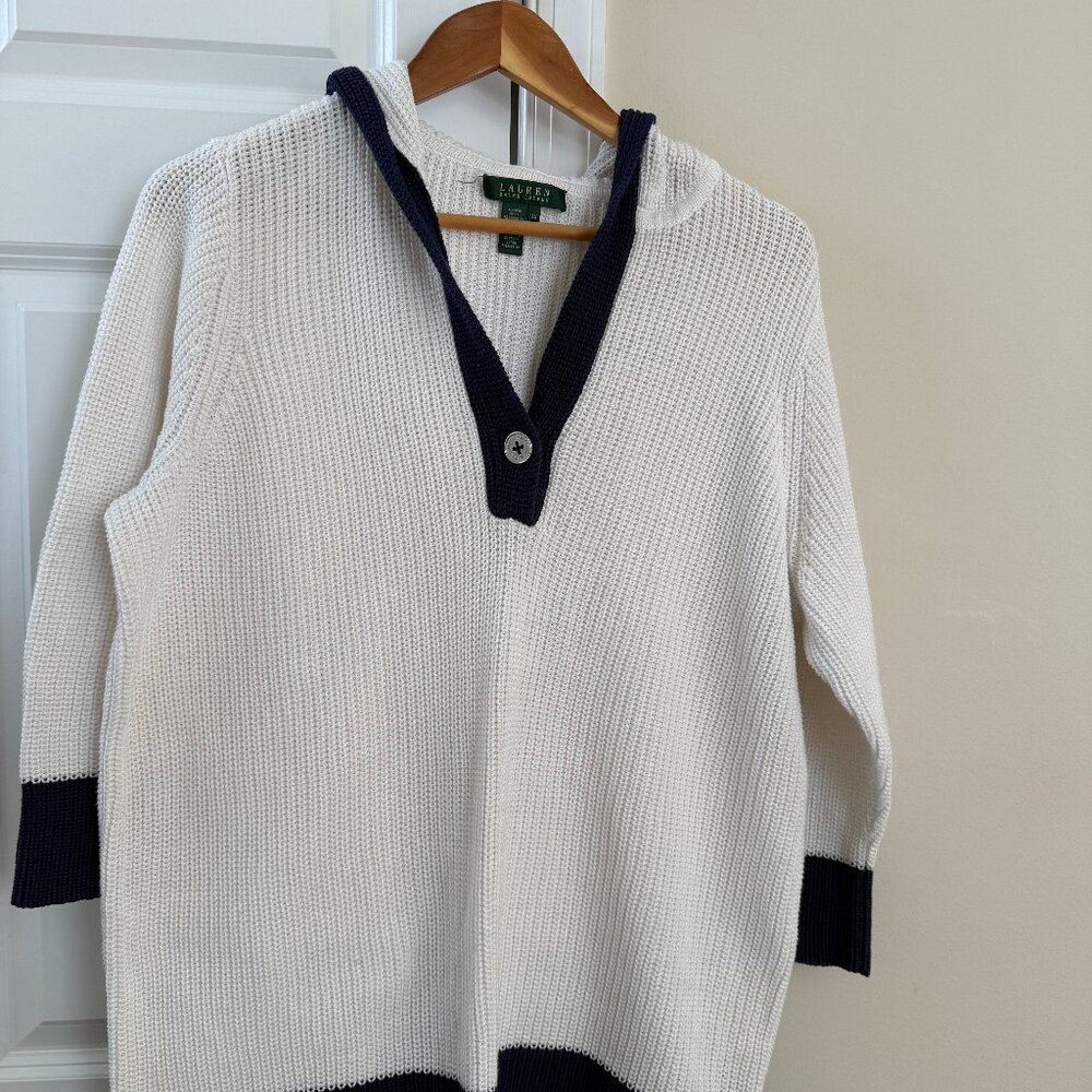 Lauren Ralph navy white nautical hooded mercerize sweater